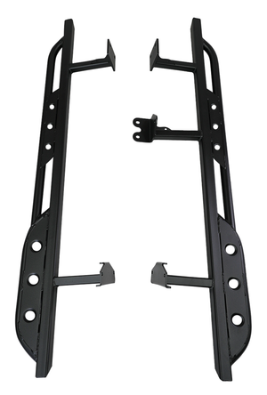 Pair of black steel rock sliders designed for 2003-09 Toyota 4Runner, angled view showing mounting brackets and holes.