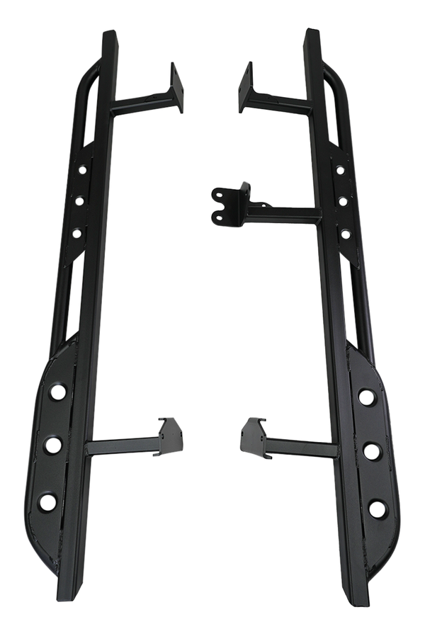 Pair of black steel rock sliders designed for 2003-09 Toyota 4Runner, angled view showing mounting brackets and holes.