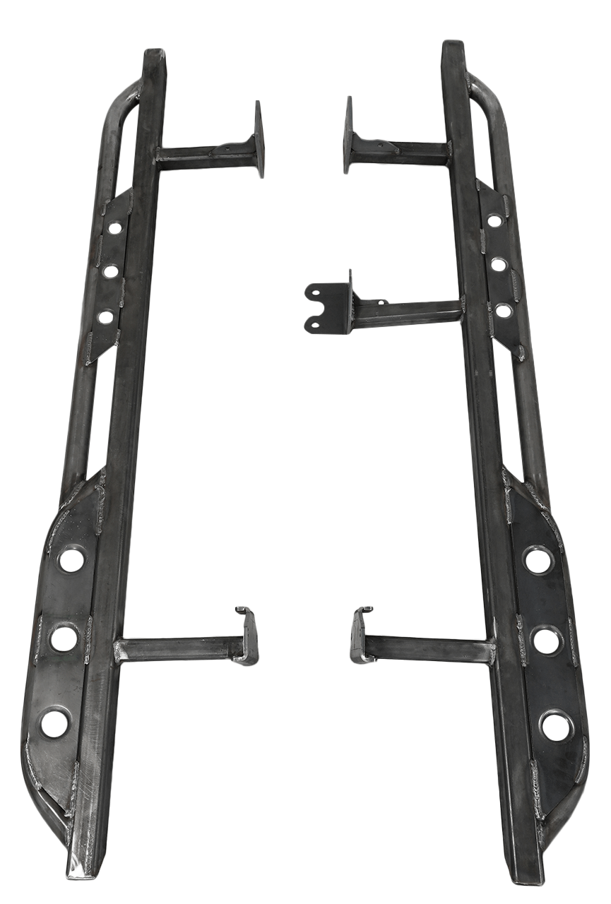 Pair of black steel rock sliders with mounting brackets for Lexus GX470 off-road protection.
