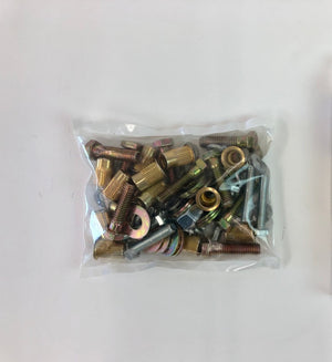 Clear plastic bag containing assorted bolts, washers, and nuts for Land Cruiser rock slider hardware replacement.