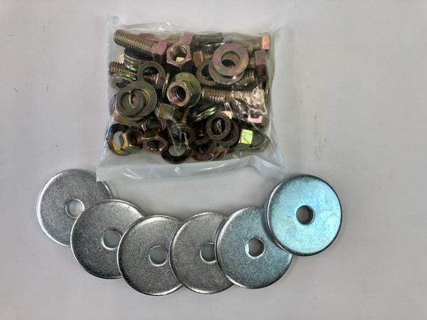 Replacement hardware pack with bolts, nuts, and large washers for Tacoma sliders, shown on white background.
