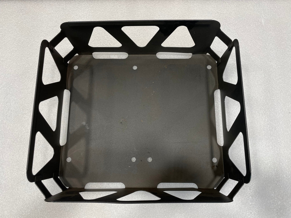 Black metal utility basket with triangular cutouts on sides and base, shown from a front angle on a white surface.