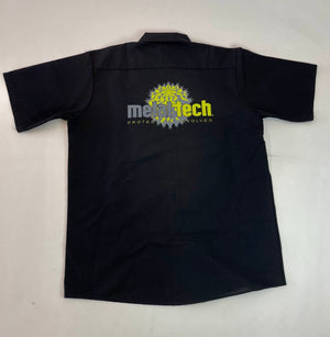 Black short-sleeve men's work shirt with Metal Tech logo and graphic on the back.