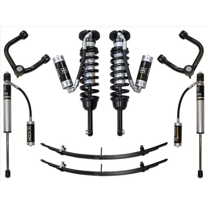 Complete Stage 4 suspension system with tubular upper control arms, coilovers, shocks, and leaf springs for 2016+ Toyota Tacoma.
