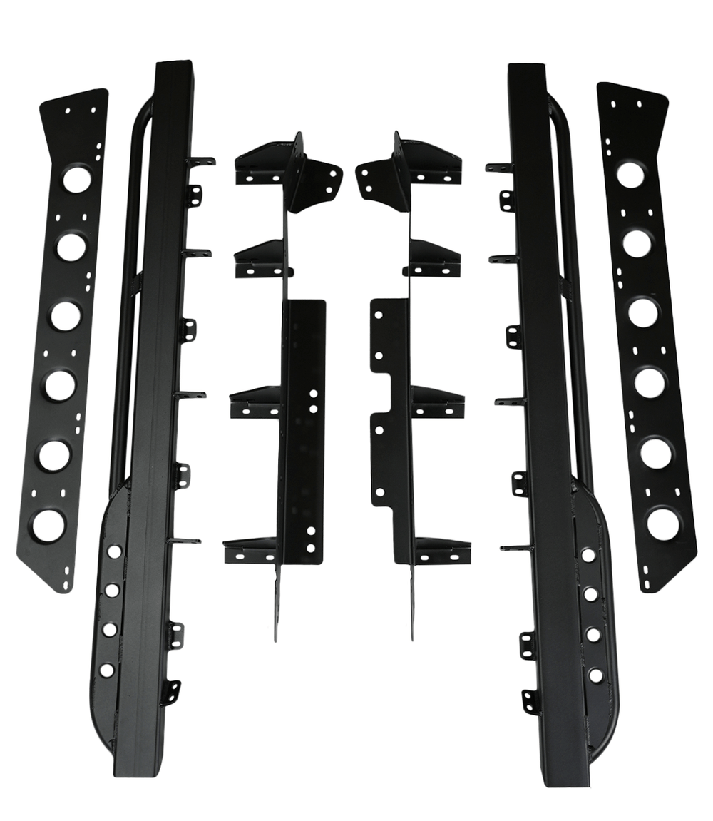 Black metal rock sliders and mounting brackets for Lexus LX570, laid out on a white background.