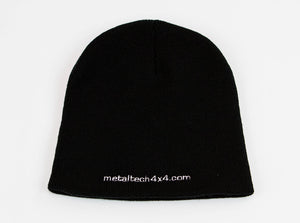 Black knit beanie with white embroidered "metaltech4x4.com" logo on front edge.