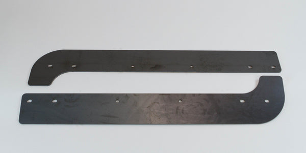 Pair of black metal rear mounting plates for FJ40 Land Cruiser roll cage, flat with multiple bolt holes.
