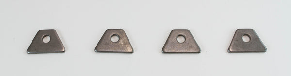 Four triangular metal mounting tabs with central holes for FJ40 Land Cruiser seat belt crossbar kit.