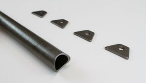 Metal seat belt crossbar tube with four triangular mounting tabs for FJ40 Land Cruiser installation kit.