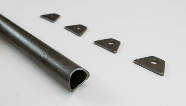 Metal seat belt crossbar tube with four triangular mounting tabs for FJ40 Land Cruiser installation kit.