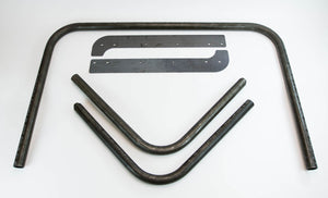 Unassembled metal roll bar kit components for FJ40 Land Cruiser, including curved tubes and mounting plates on white background.