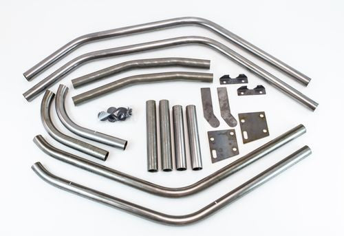 Unassembled metal tubes and mounting brackets for FJ40 Land Cruiser tube fender kit laid out on white background.