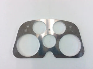 Raw aluminum gauge cluster bezel for FJ40 Land Cruiser, flat view showing five circular cutouts.