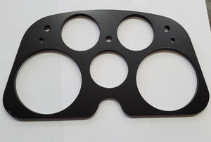 Black metal gauge cluster bezel with five circular cutouts for FJ40 Land Cruiser dashboard installation.