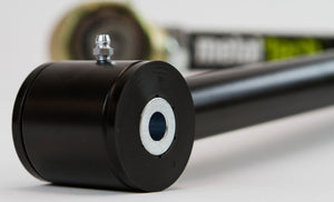 Close-up of black adjustable rear upper link with metal bushing and grease fitting for 80 Series Land Cruiser LX450.