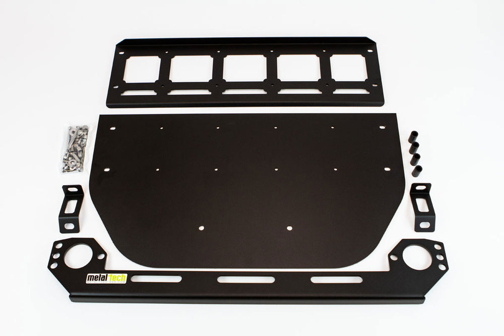 Metal Tech black steel bash plate system with mounting brackets and hardware for FJ Cruiser front tube bumper.