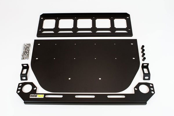 Metal Tech black steel bash plate system with mounting brackets and hardware for FJ Cruiser front tube bumper.