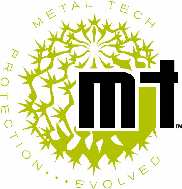 Metal Tech logo featuring stylized green thorny circle with bold black and green "mt" letters in center.