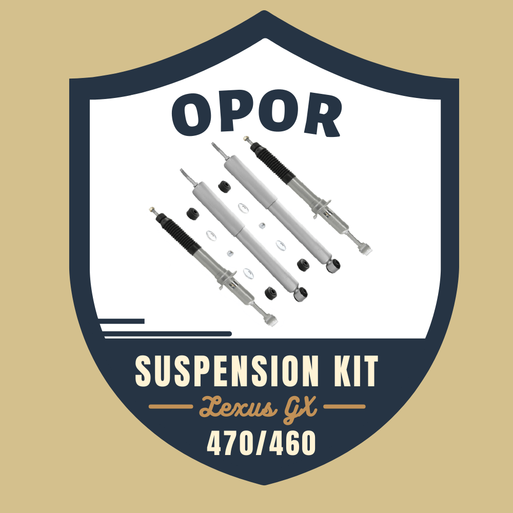 Four silver replacement struts and rear shocks with mounting hardware for Lexus GX 470/460 suspension kit on white background.