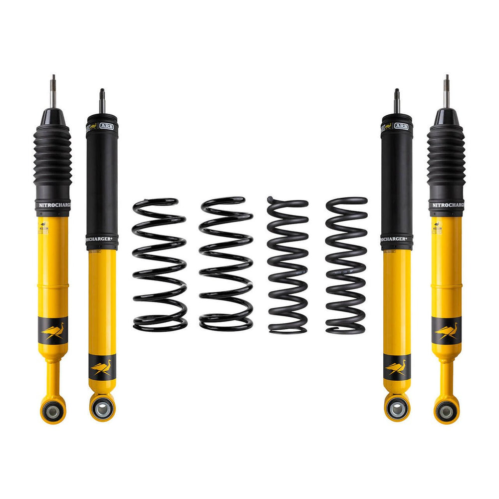 Yellow and black Nitrocharger Plus shocks with four black coil springs for 2010-24 Toyota 4Runner suspension kit.