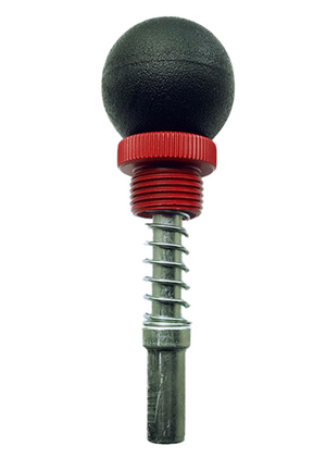 Close-up of Metal Tech auto lock pin with black ball handle, red threaded collar, and metal spring shaft.