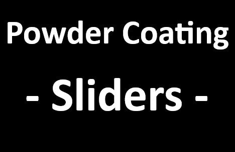 Text image displaying "Powder Coating - Sliders" in bold white font on a black background.