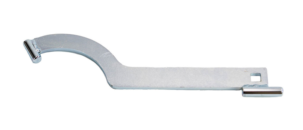 Silver metal coilover spanner wrench with curved end and square hole for Icon pin adjustment.