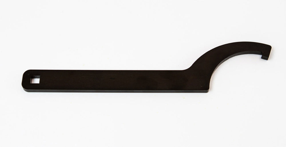 Black metal coilover spanner wrench with square end for Radflo adjustment, shown on white background.