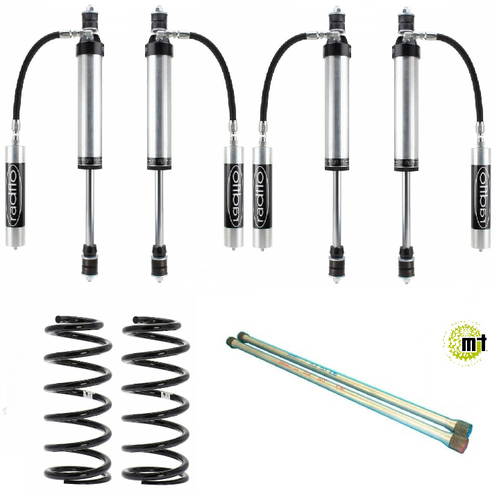 Radflo 100 Series medium Stage 2 shock kit with four shocks, two coil springs, and two metal rods.