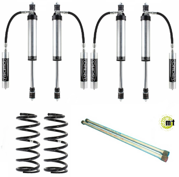 Radflo 100 Series medium Stage 2 shock kit with remote reservoirs, coil springs, and mounting hardware for 2000-2007 models.