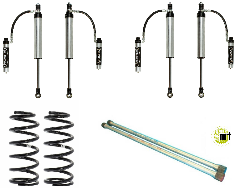 Radflo 100 Series Stage 3 medium kit showing shocks, coil springs, and extended control arms for 1998-2000 trucks.