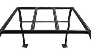 Pre-built full profile black metal roll cage for FJ40 Land Cruiser, shown from front angle on white background.