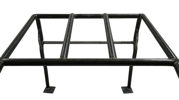 Pre-built full profile black metal roll cage for FJ40 Land Cruiser, shown from front angle on white background.