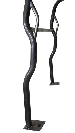 Close-up of black metal roll cage side bar with welded supports and mounting plates for FJ40 Land Cruiser.