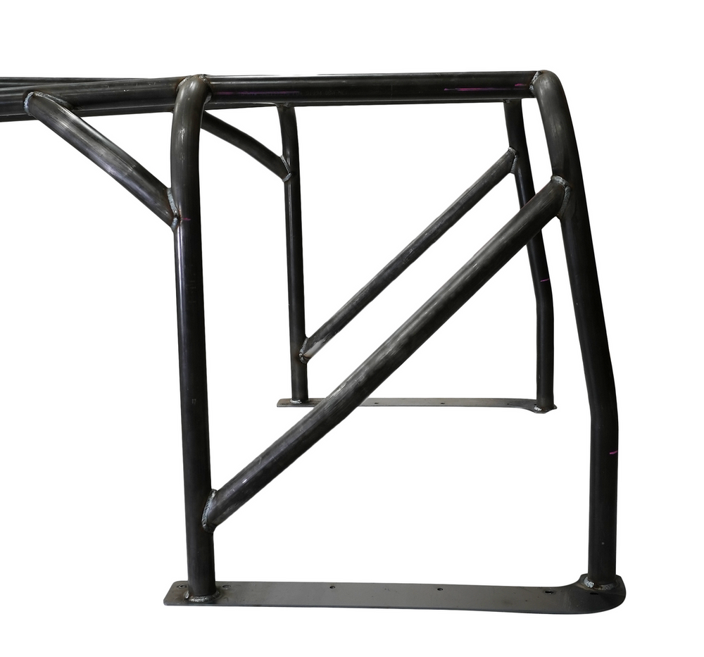 Front view of black steel full-profile roll cage for FJ40 Land Cruiser, showing welded joints and mounting plates.