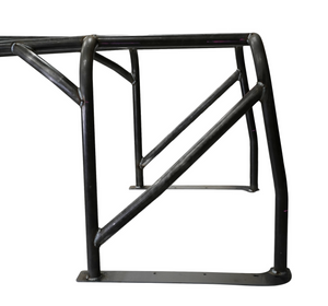 Close-up of black metal full-profile roll cage section for FJ40 Land Cruiser, showing welded joints and mounting plates.