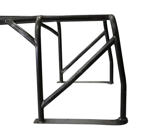 Close-up of black metal full-profile roll cage section for FJ40 Land Cruiser, showing welded joints and mounting plates.