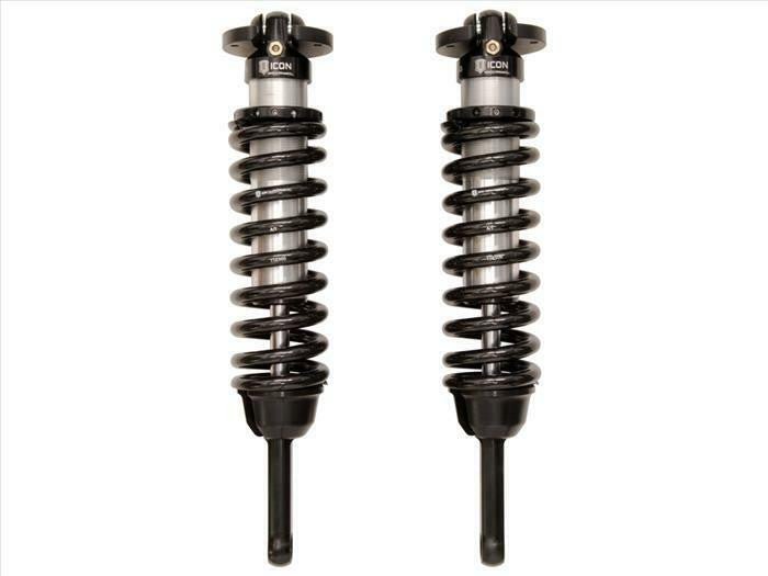 Pair of ICON front coilover shock absorbers with black springs for 2007-2009 FJ Cruiser, GX470, and 4Runner vehicles.