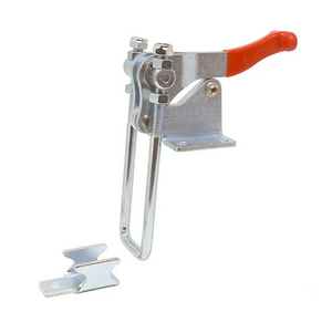 Stainless steel swing arm latch assembly with red handle and separate catch plate, 2000 lbs toggle clamp at 90 degrees.