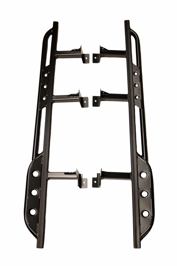 Black steel rock sliders for 2005-2015 Toyota Tacoma, shown flat with mounting brackets visible.