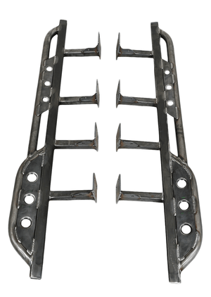 Pair of raw steel Metal Tech 4x4 rock sliders for FJ Cruiser with mounting brackets, shown on white background.