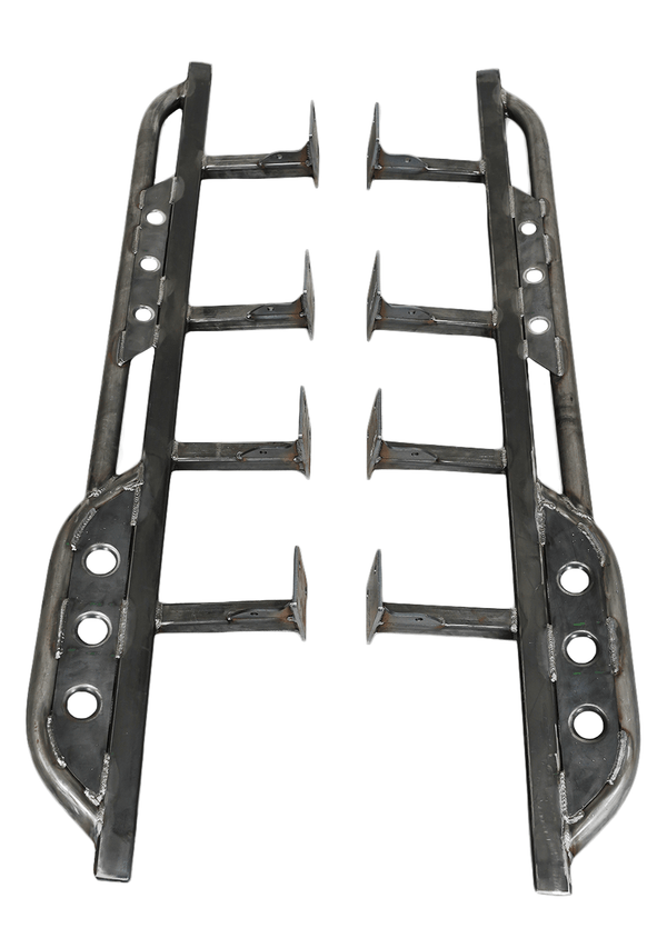 Pair of raw steel Metal Tech 4x4 rock sliders for FJ Cruiser with mounting brackets, shown on white background.