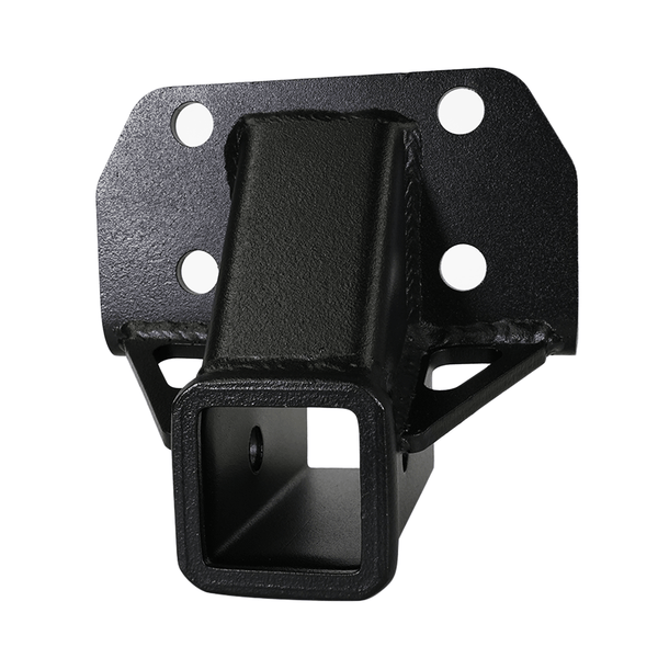 Black metal rear receiver hitch with square tube and four mounting holes, front view.