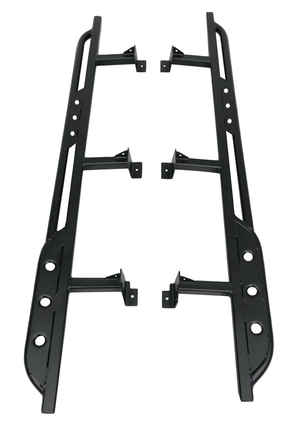 Pair of black metal rock sliders designed for 2016 Tacoma 4-door longbed, shown from top view on white background.