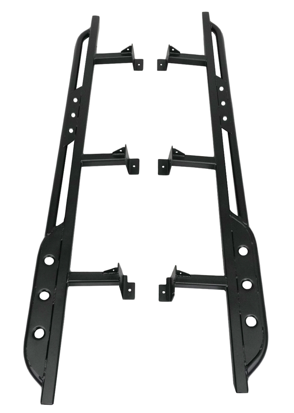 Pair of black metal rock sliders designed for 2016 Tacoma 4-door longbed, shown from top view on white background.