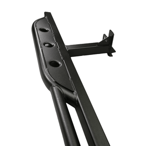 Close-up of black metal rock slider with mounting bracket and three oval holes for 2005-15 Tacoma.