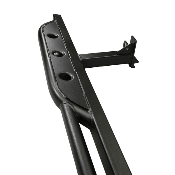 Close-up of black metal rock slider with mounting bracket and three oval holes for 2005-15 Tacoma.