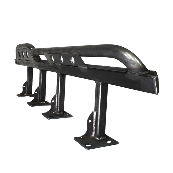 Raw metal rock slider with mounting brackets designed for FJ Cruiser off-road protection.