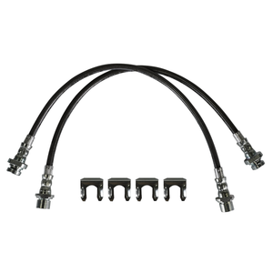 Pair of black extended rear brake lines with metal fittings and five metal clips on white background.
