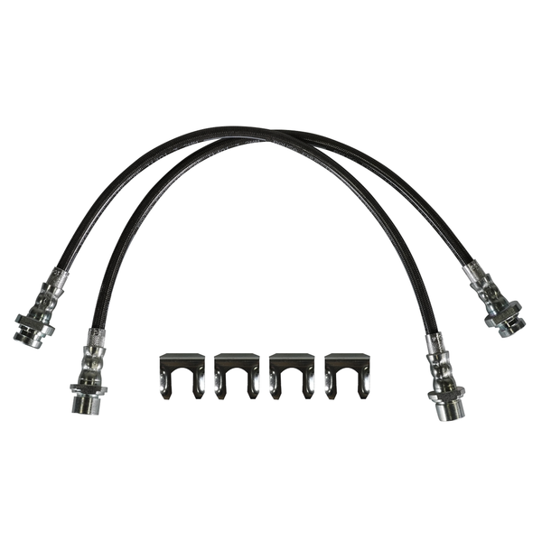 Pair of black extended rear brake lines with metal fittings and five metal clips on white background.